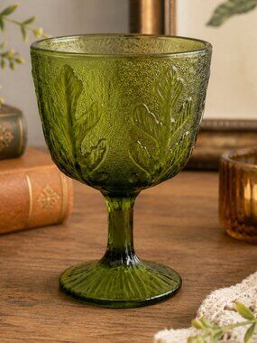 Vintage 1975 FTD Avocado Green Embossed Leaf Goblet Vase Glass Pedestal Cup